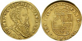 ½ Gouden Reaal z.j. (1562–1576), Gold, PHILIPS II 1555–1581 Borstbeeld naar rechts, daaronder kruisje van Hasselt. Kz. gekroond wapenschild PHS· D· G·...