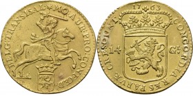 Gouden rijder 1763, Gold Type IIb. Te Utrecht geslagen. Ruiter naar rechts boven provinciewapentje met leeuwtje achter de IJssel naar rechts, mmt. ste...