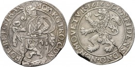 Leeuwendaalder 1616, Silver Type II. Ridder met pluim achter Hollands wapen naar rechts met titel MO˙ ARG· PRO: CON – (·) FOE· BELG· TRAN. Kz. klimmen...