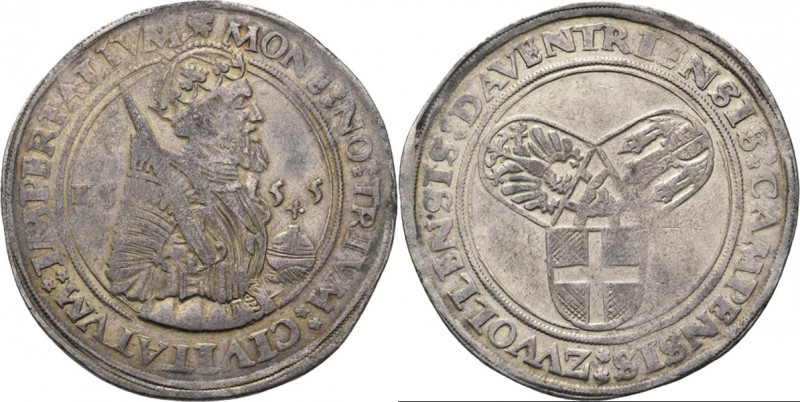 Karolusrijksdaalder 1555, Silver Type IV. Halflang borstbeeld van Karel V naar r...