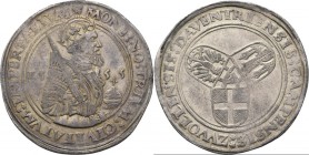 Karolusrijksdaalder 1555, Silver Type IV. Halflang borstbeeld van Karel V naar rechts met zwaard en globe tussen jaartal en met MONE⁑ NO⁑ TRIVM⁑ CIVIT...