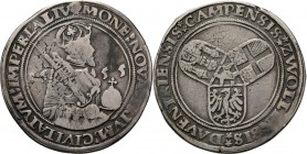 ½ Karolusrijksdaalder 1555, Silver Type IIIa. Halflang borstbeeld van Karel V naar rechts met zwaard en globe tussen jaartal, daarboven mmt. granaatap...