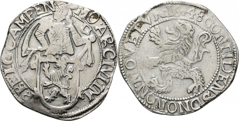 Leeuwendaalder 1648, Silver Type IIa. Ridder naar links met pluim achter groot l...