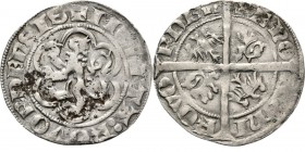 ½ Leeuwengroot of Grand denier z.j, Silver, REINOUD III 1336–1369, KOEVORDEN Klimmende leeuw in zespas ✠ MONETA : KOVORDENSIS. Kz. lang gevoet kruis m...