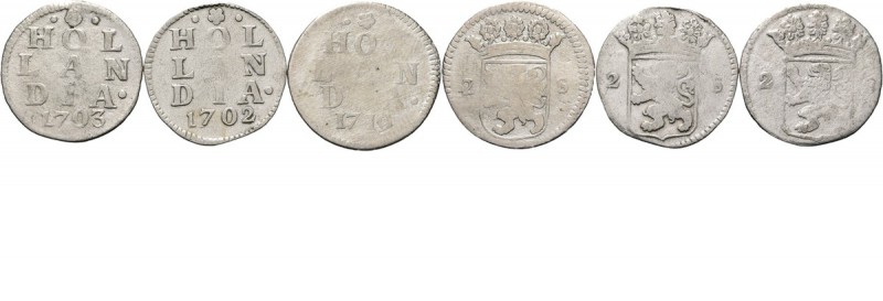 Lot Dubbele Stuivers Holland (3) Bestaande uit de zeldzame jaartallen: 1702, 170...