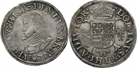 BRABANT - ½ Ecu Philippe 1575, Silver, PHILIPPE II 1555–1598 Anvers. Buste à gauche PHS˙ … main entre millésime en bas. R/. écu couronné sur une croix...