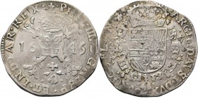 VLAANDEREN - Patagon 1645, Silver, FILIPS IV 1621–1665 Vuurstaal op twee gekruiste stokken tussen jaartal, mt. lelie in omschrift. Kz. gekroond wapen....