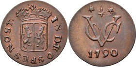 PROVINCIALE MUNTEN - ½ Duit 1790, Copper, Gelderland Gekroond provinciewapen IN DEO SPES NOST. Kz. ✶ korenaar ✶ / VOC / jaartal.Scho. 383bMet ingevuld...
