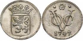 PROVINCIALE MUNTEN - Zilveren duit 1747, Silver, Holland Gekroond provinciewapen. Kz. · ✿ · / VOC / jaartal. Gladde rand.Scho. 126.3.12 g. Opgewreven ...
