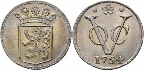 PROVINCIALE MUNTEN - Zilveren duit 1754, Silver, Holland Gekroond provinciewapen. Kz. · ✿ · / VOC / jaartal. Kabelrand.Scho. 1333.16 g. S Prachtig
