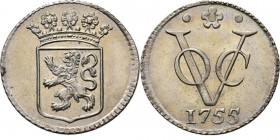 PROVINCIALE MUNTEN - Zilveren duit 1755, Silver, Holland Gekroond provinciewapen. Kz. · ✿ · / VOC / jaartal. Kabelrand.Scho. 134.3.25 g. S Prachtig...