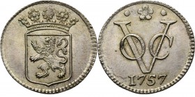 PROVINCIALE MUNTEN - Zilveren duit 1757, Silver, Holland Gekroond provinciewapen. Kz. · ✿ · / VOC / jaartal. Kabelrand.Scho. 136.3.08 g Prachtig