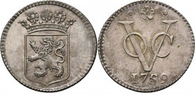PROVINCIALE MUNTEN - Zilveren duit 1759, Silver, Holland Gekroond provinciewapen. Kz. · ✿ · / VOC / jaartal. Kabelrand.Scho. 138.3.09 g Vrijwel pracht...