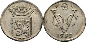 PROVINCIALE MUNTEN - ½ Zilveren duit 1755, Silver, Holland Gekroond provinciewapen. Kz. · ✿ · / VOC / jaartal. Kabelrand.Scho. 359.1.59 g Zeer fraai +...
