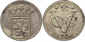 PROVINCIALE MUNTEN - ½ Zilveren duit 1756, Silver, Holland Gekroond provinciewapen. Kz. · ✿ · / VOC / jaartal. Kabelrand.Scho. 360a.1.57 g Bijna prach...