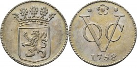 PROVINCIALE MUNTEN - ½ Zilveren duit 1758, Silver, Holland Gekroond provinciewapen. Kz. · ✿ · / VOC / jaartal. Kabelrand.Scho. 362a.1.46 g Prachtig...