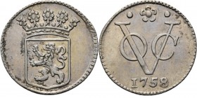 PROVINCIALE MUNTEN - ½ Zilveren duit 1758 over 1757, Silver, Holland Gekroond provinciewapen. Kz. · ✿ · / VOC / jaartal. Kabelrand.Scho. 362b.1.40 g. ...