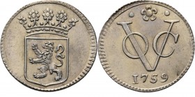 PROVINCIALE MUNTEN - ½ Zilveren duit 1759, Silver, Holland Gekroond provinciewapen. Kz. · ✿ · / VOC / jaartal. Kabelrand.Scho. 363.1.45 g Prachtig...