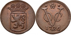 PROVINCIALE MUNTEN - Duit 1726, Copper, Holland Gekroond provinciewapen. Kz. · ✿ · / VOC / jaartal.Scho. 79 S. Deels originele muntkleur Vrijwel prach...