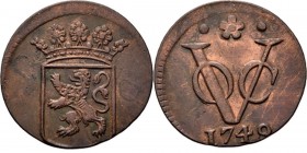 PROVINCIALE MUNTEN - Duit 1749, Copper, Holland Gekroond provinciewapen. Kz. · ✿ · / VOC / jaartal.Scho. 95 R Zeer fraai +