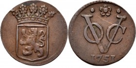 PROVINCIALE MUNTEN - ½ Duit 1751, Copper, Holland Gekroond provinciewapen. Kz. · ✿ · / VOC / jaartal. Gladde rand.Scho. 353 S Zeer fraai
