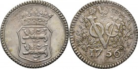 PROVINCIALE MUNTEN - Zilveren duit 1756, Silver, West–Friesland Gekroond gewestelijk wapen. Kz. tussen lauwertakken ✿ haan ✿ / VOC / jaartal. Kabelran...