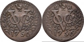 PROVINCIALE MUNTEN - Duit 1756, Copper, West–Friesland Tweemaal jaartal zijde: tussen lauwertakken ✿ haan ✿ / VOC / jaartal.Scho. 233b Prachtig