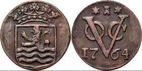 PROVINCIALE MUNTEN - Duit 1764, Copper, Zeeland Gekroond provinciewapen zonder omschrift. Kz. ✶ burcht ✶ / VOC / jaartal.Scho. 182 R Fraai +