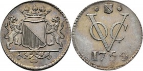 PROVINCIALE MUNTEN - Zilveren duit 1754, Silver, Utrecht Gekroond stadswapen tussen schildhouders. Kz. · stadsschild · / VOC / jaartal. Kabelrand.Scho...