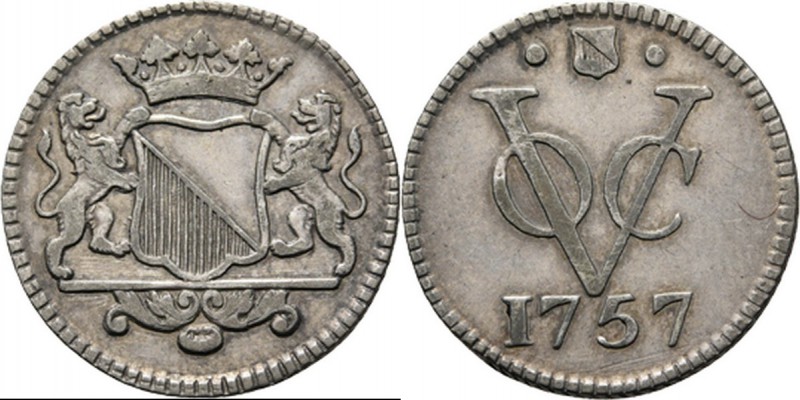 PROVINCIALE MUNTEN - Zilveren duit 1757, Silver, Utrecht Gekroond stadswapen tus...