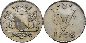 PROVINCIALE MUNTEN - Zilveren duit 1758 over 1756, Silver, Utrecht Gekroond stadswapen tussen schildhouders. Kz. · stadsschild · / VOC / jaartal. Kabe...