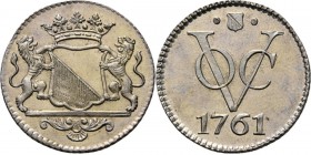 PROVINCIALE MUNTEN - Zilveren duit 1761, Silver, Utrecht Gekroond stadswapen tussen schildhouders. Kz. · stadsschild · / VOC / jaartal. Kabelrand.Scho...
