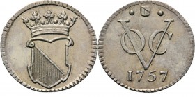 PROVINCIALE MUNTEN - ½ Zilveren duit 1757, Silver, Utrecht Gekroond stadswapen. Kz. · stadsschild · / VOC / jaartal. Kabelrand.Scho. 4001.60 g. S Prac...