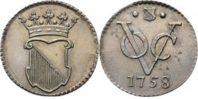 PROVINCIALE MUNTEN - ½ Zilveren duit 1758, Silver, Utrecht Gekroond stadswapen. Kz. · stadsschild · / VOC / jaartal. Kabelrand.Scho. 401Vanaf 1756 is ...