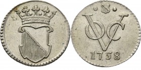 PROVINCIALE MUNTEN - ½ Zilveren duit 1758, Silver, Utrecht Gekroond stadswapen. Kz. · stadsschild · / VOC / jaartal. Kabelrand. Scho. 401.1.55 g. Enke...