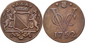 PROVINCIALE MUNTEN - Duit 1752, Copper, Utrecht Gekroond stadswapen tussen schildhouders. Kz. · stadsschild · / VOC / jaartal.Scho. 293 S Zeer fraai