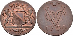 PROVINCIALE MUNTEN - Duit 1794, Copper, Utrecht Gekroond stadswapen tussen schildhouders. Kz. · stadsschild · / VOC / jaartal.Scho. 320 Deels originel...