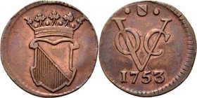 PROVINCIALE MUNTEN - ½ Duit 1753, Copper, Utrecht Gekroond stadswapen. Kz. · stadsschild · / VOC / jaartal.Scho. 387 Prachtig