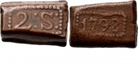 PROVINCIALE MUNTEN - 2 Stuiver-bonk 1798, Copper, Munten op Java geslagen In rechthoekige parelrand 2: S:. Kz. jaartal in rechthoekige parelrand.Scho....