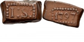 PROVINCIALE MUNTEN - 1 Stuiver-bonk 1797, Copper, Munten op Java geslagen I: S: in rechthoekige parelrand. Kz. jaartal in rechthoekige parelrand.Scho....