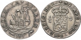 BATAAFSE REPUBLIEK 1799–1806 - ½ Scheepjesgulden 1802, Silver, Munten te Enkhuizen geslagen Driemaster, daaronder jaartal tussen versiering INDIÆ – BA...