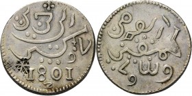 BATAAFSE REPUBLIEK 1799–1806 - Ropij 1801, Silver, Munten op Java geslagen Dik plaatje. Mt. 10 / Arabisch schrift / jaartal / Z. Kz. Arabisch schrift....