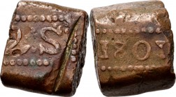 BATAAFSE REPUBLIEK 1799–1806 - 2 Stuiver-bonk 1801, Copper, Munten op Java geslagen Waarde 2: S: in rechthoekige parelrand. Kz. jaartal in een zelfde ...