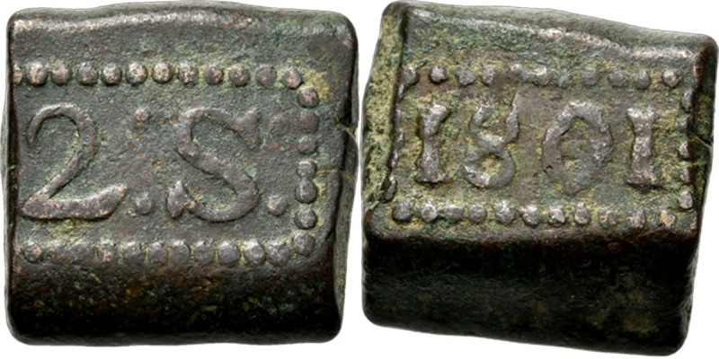 BATAAFSE REPUBLIEK 1799–1806 - 2 Stuiver-bonk 1801, Copper, Munten op Java gesla...