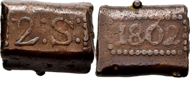 BATAAFSE REPUBLIEK 1799–1806 - 2 Stuiver-bonk 1802, Copper, Munten op Java gesla...