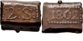 BATAAFSE REPUBLIEK 1799–1806 - 2 Stuiver-bonk 1802, Copper, Munten op Java geslagen Waarde ˙2: S: in rechthoekige parelrand. Kz. jaartal in een zelfde...