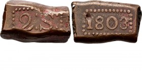BATAAFSE REPUBLIEK 1799–1806 - 2 Stuiver-bonk 1803, Copper, Munten op Java geslagen Waarde 2: S: in rechthoekige parelrand. Kz. jaartal in een zelfde ...