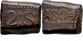 BATAAFSE REPUBLIEK 1799–1806 - 2 Stuiver-bonk 1804, Copper, Munten op Java geslagen Waarde 2: S: in rechthoekige parelrand. Kz. jaartal in een zelfde ...