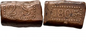 BATAAFSE REPUBLIEK 1799–1806 - 2 Stuiver-bonk 1805, Copper, Munten op Java geslagen Waarde 2: S: in rechthoekige parelrand. Kz. jaartal in een zelfde ...