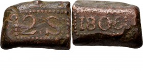 BATAAFSE REPUBLIEK 1799–1806 - 2 Stuiver-bonk 1806, Copper, Munten op Java geslagen Waarde 2: S: in rechthoekige parelrand. Kz. jaartal in een zelfde ...